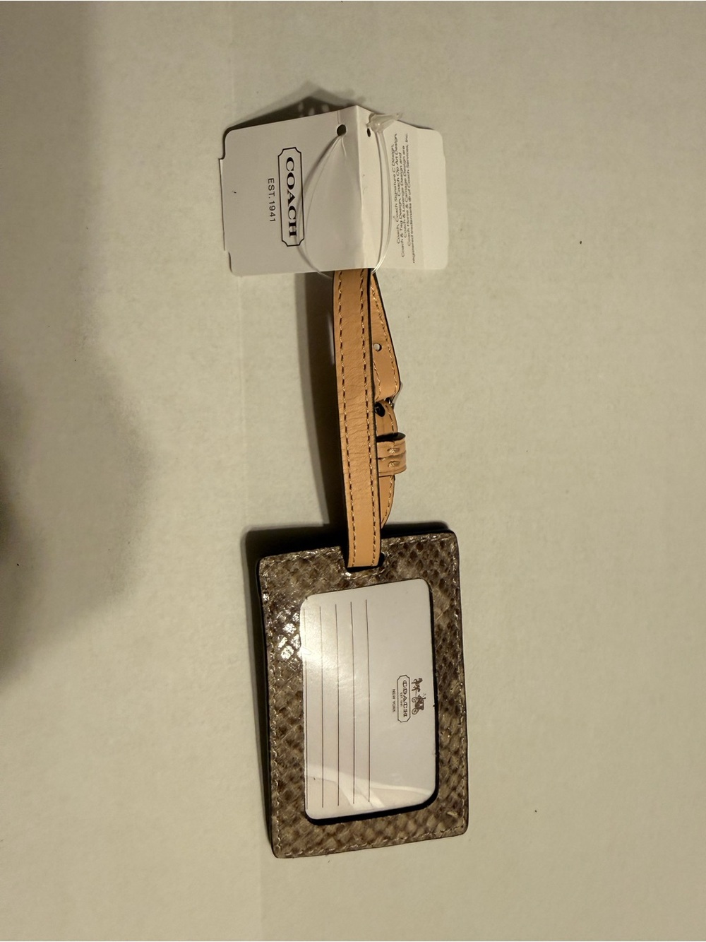 Coach Brown Textured Leather snakeskin ID Luggage Tag with Tan Strap